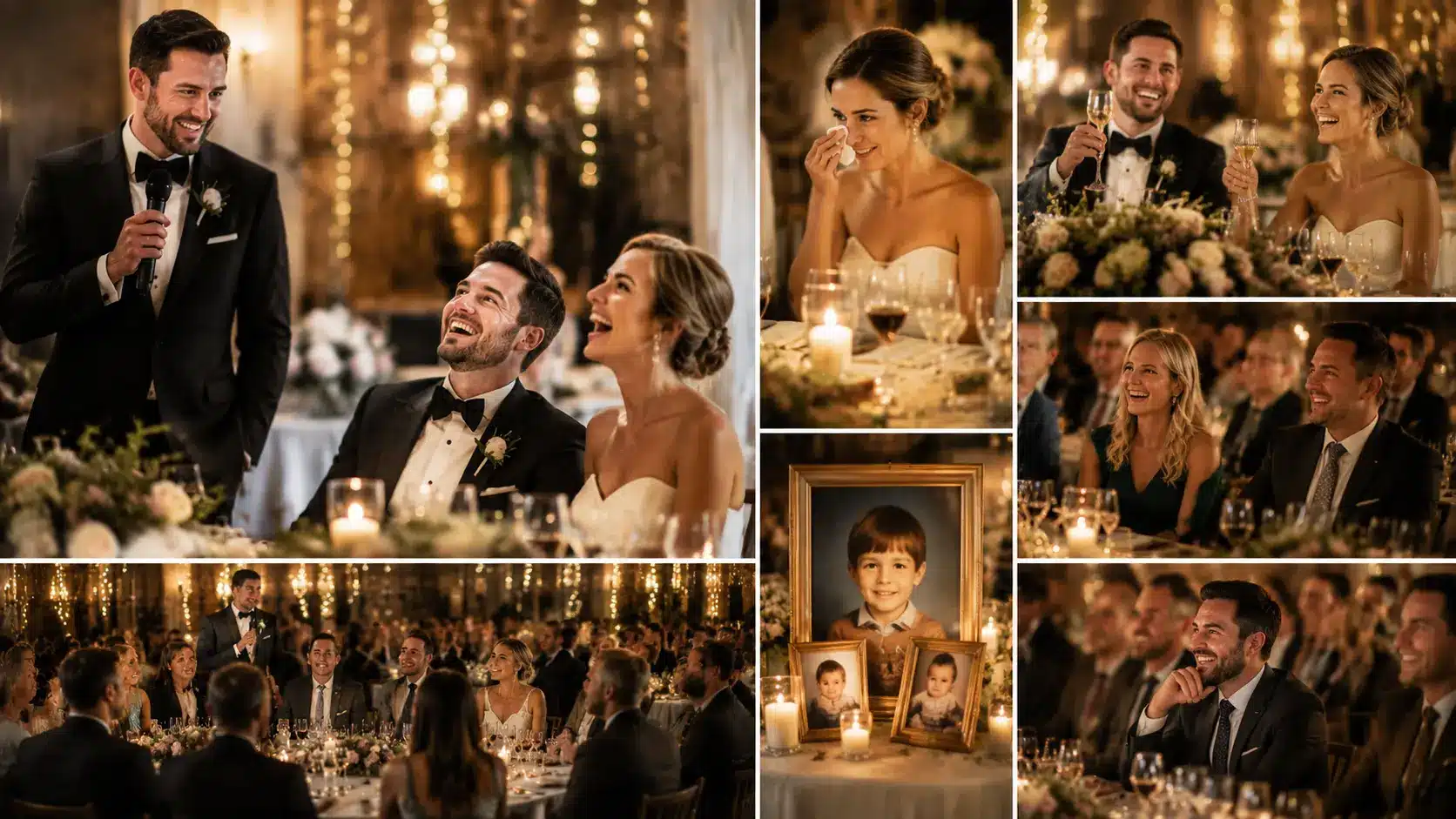 Wedding reception collage showing a funny speech as the newlyweds and seated guests laugh, toast, and wipe away tears.