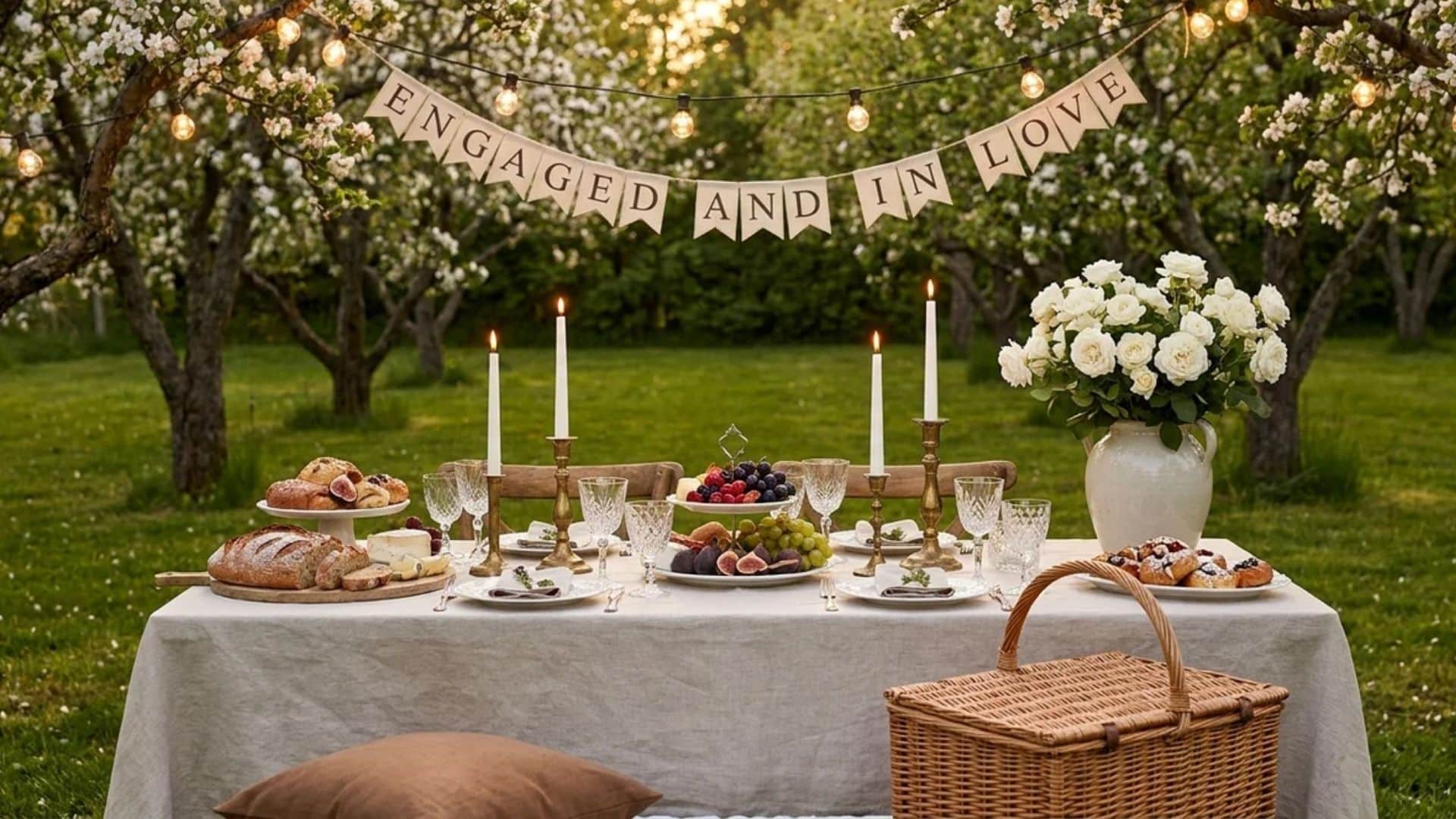 Outdoor engagement picnic table with flowers, candles, pastries, fruit, string lights, and an “Engaged and in Love” banner.