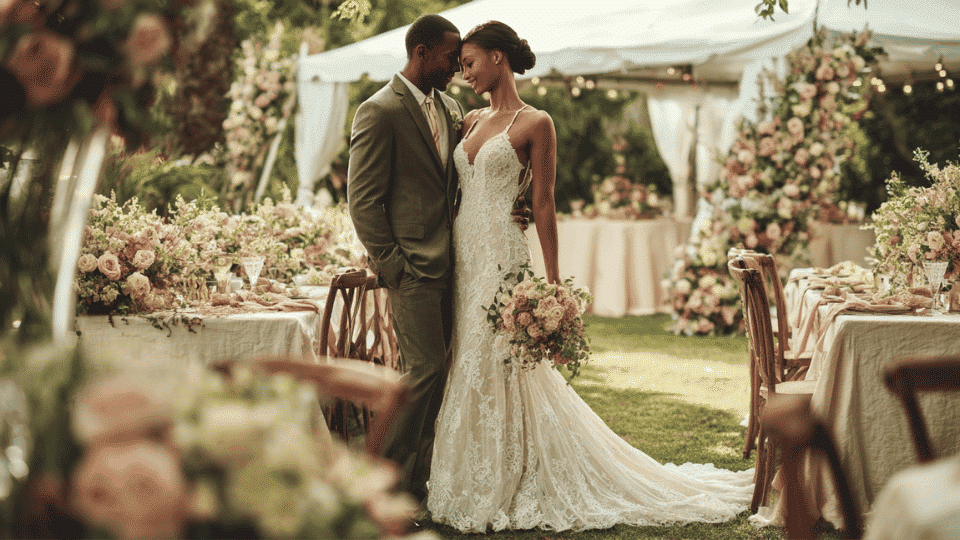 Bride and groom in wedding attire in an outdoor garden with floweral decoration at the venue.