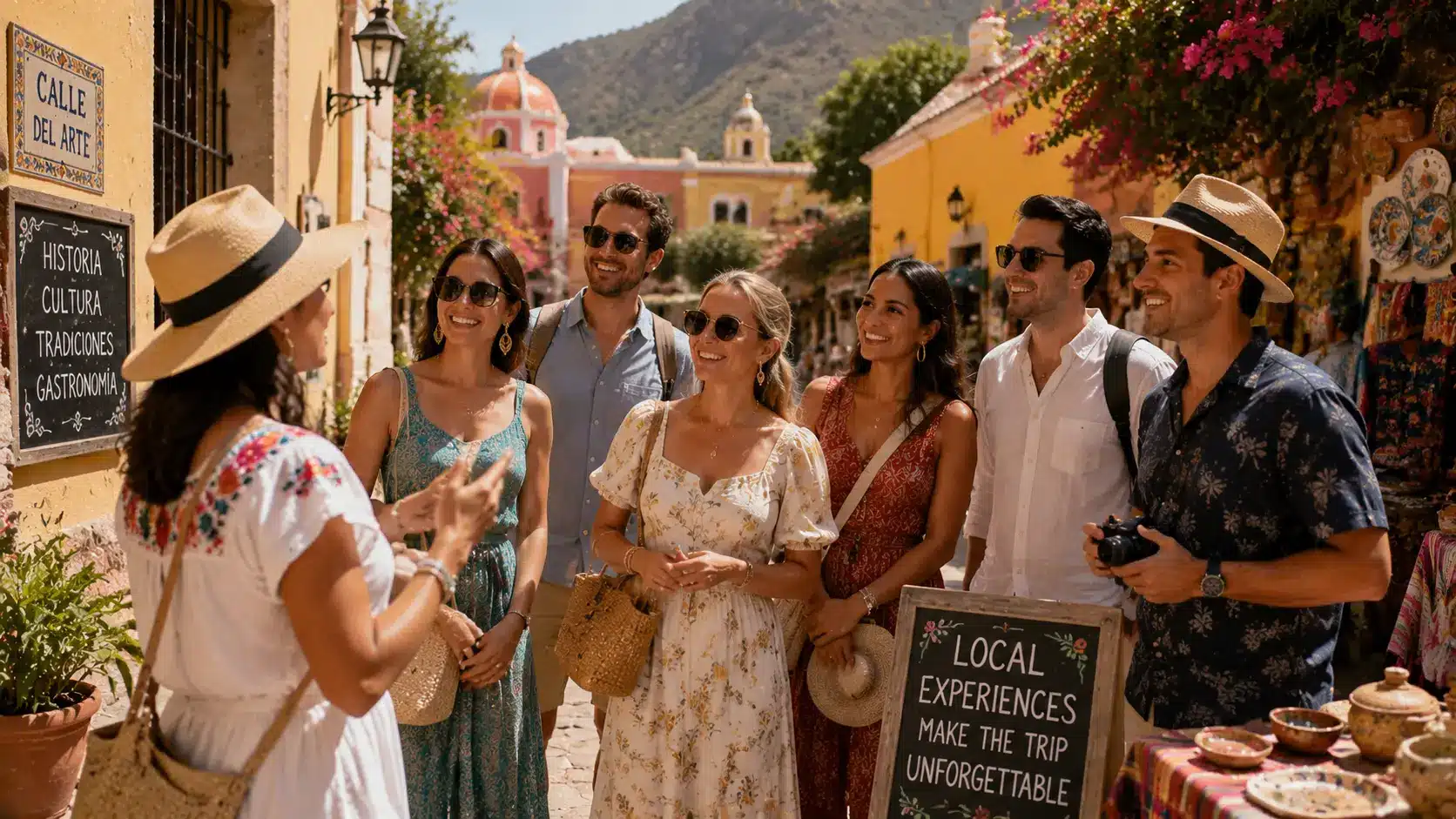 Guests enjoy a local guided tour through a colorful historic village.