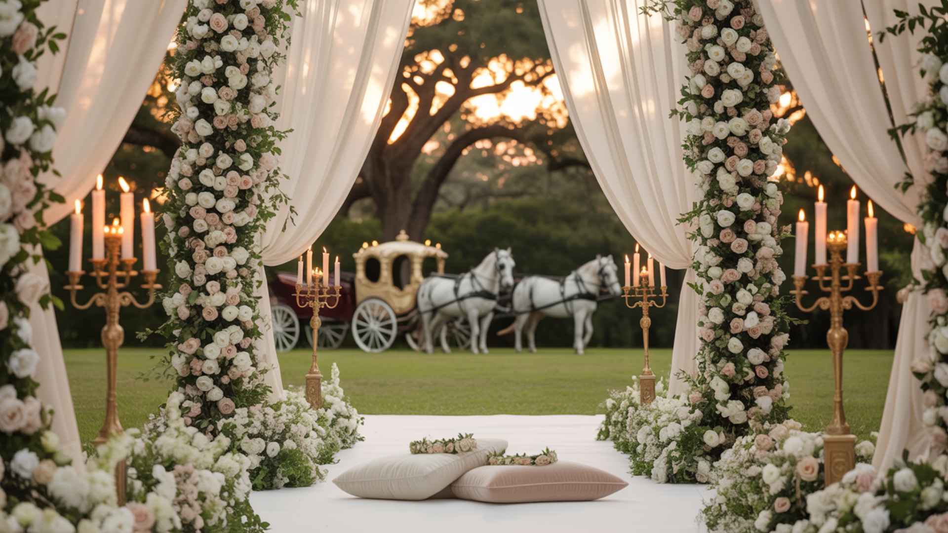 Magical wedding with floral archways, draped fabrics, candelabras, carriage.