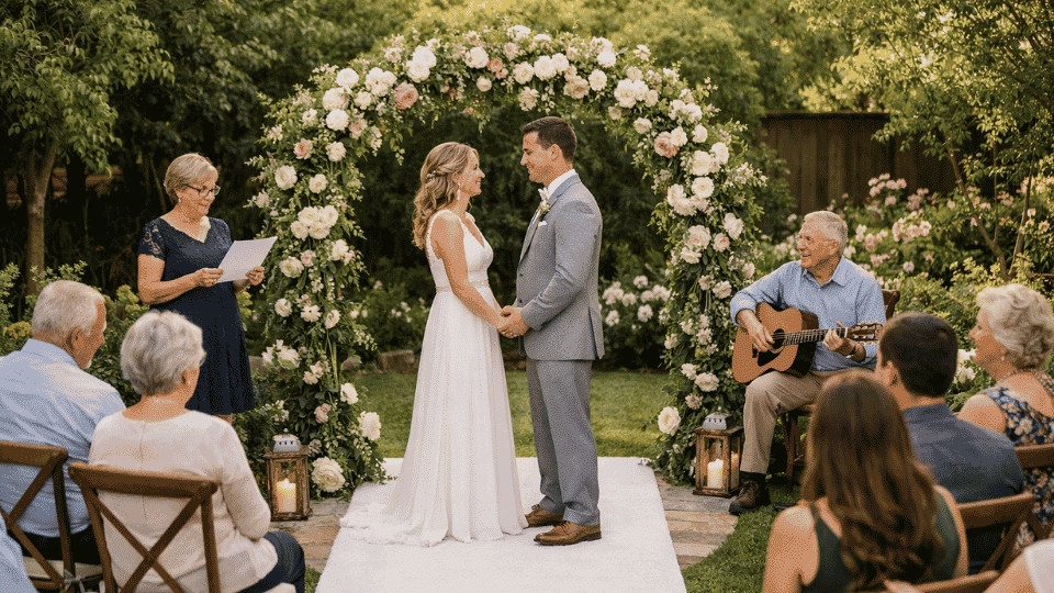 Wedding ceremony with couple, family participation, and seated guests