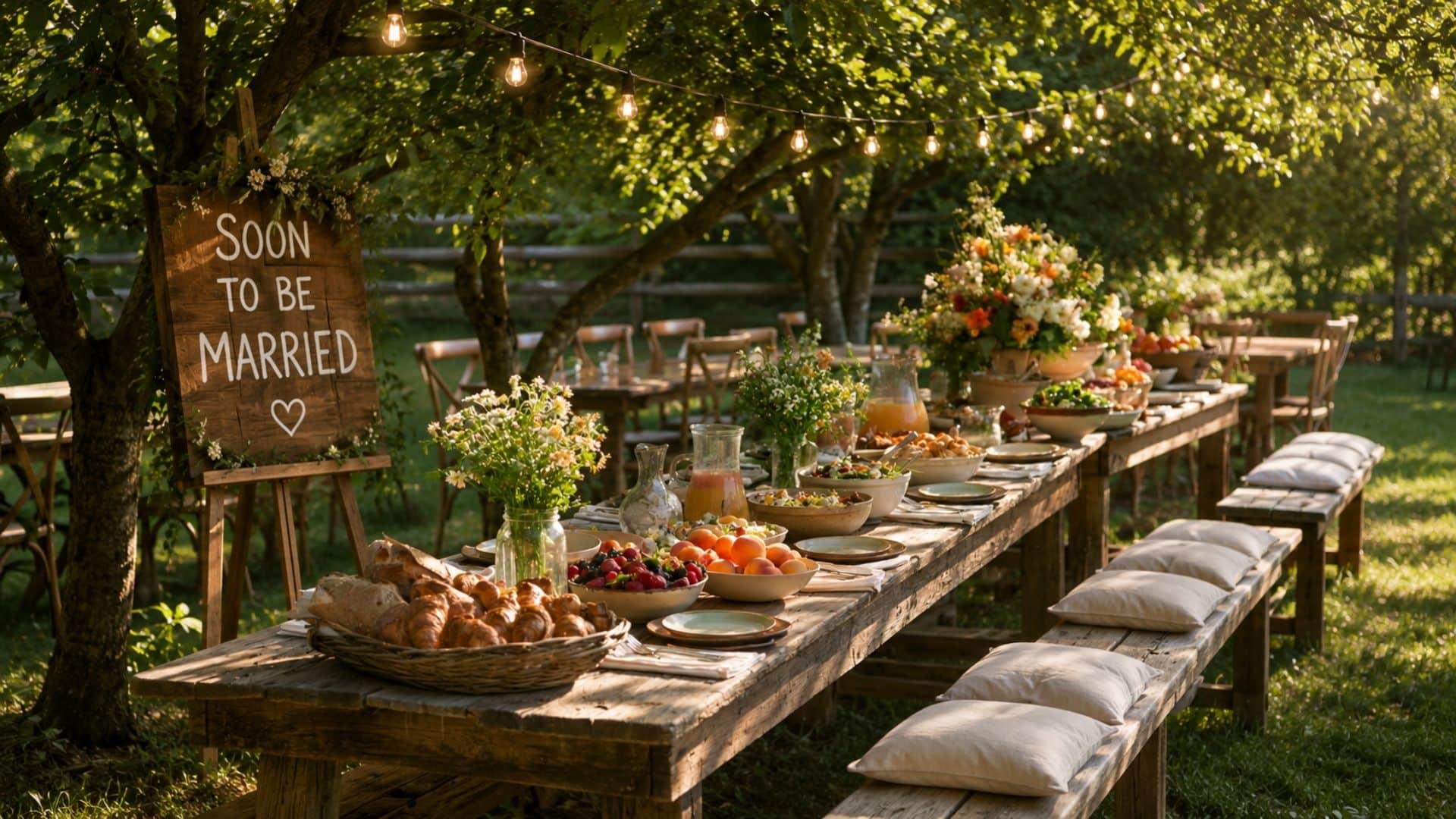 Outdoor engagement brunch with fresh bread, seasonal fruit, pastries, juice, flowers, and rustic farm tables.