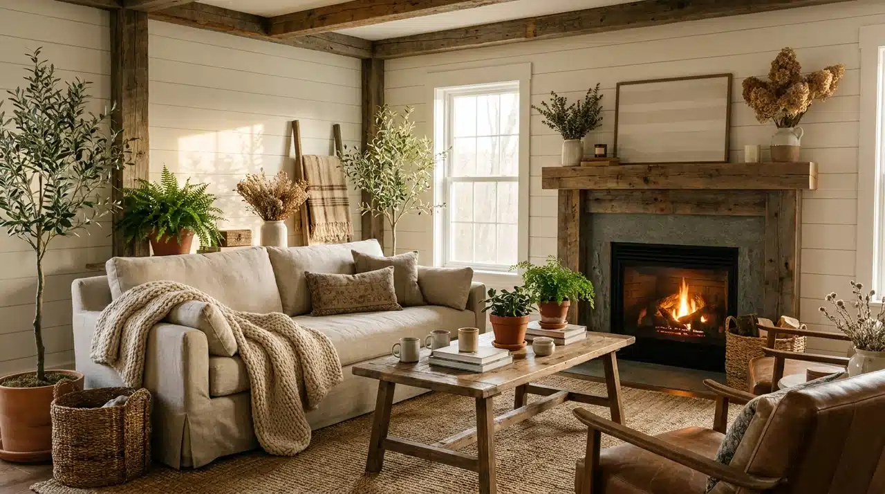 Cozy farmhouse living room with shiplap walls, rustic wood beams, linen sofa, jute rug, and a warm fireplace.