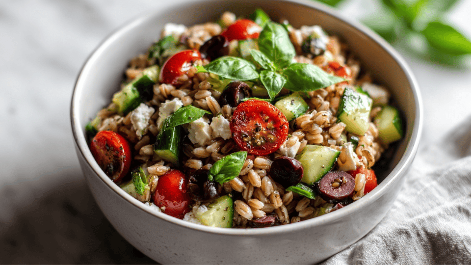 Farro salad with cherry tomatoes, cucumber, olives, and fresh basil