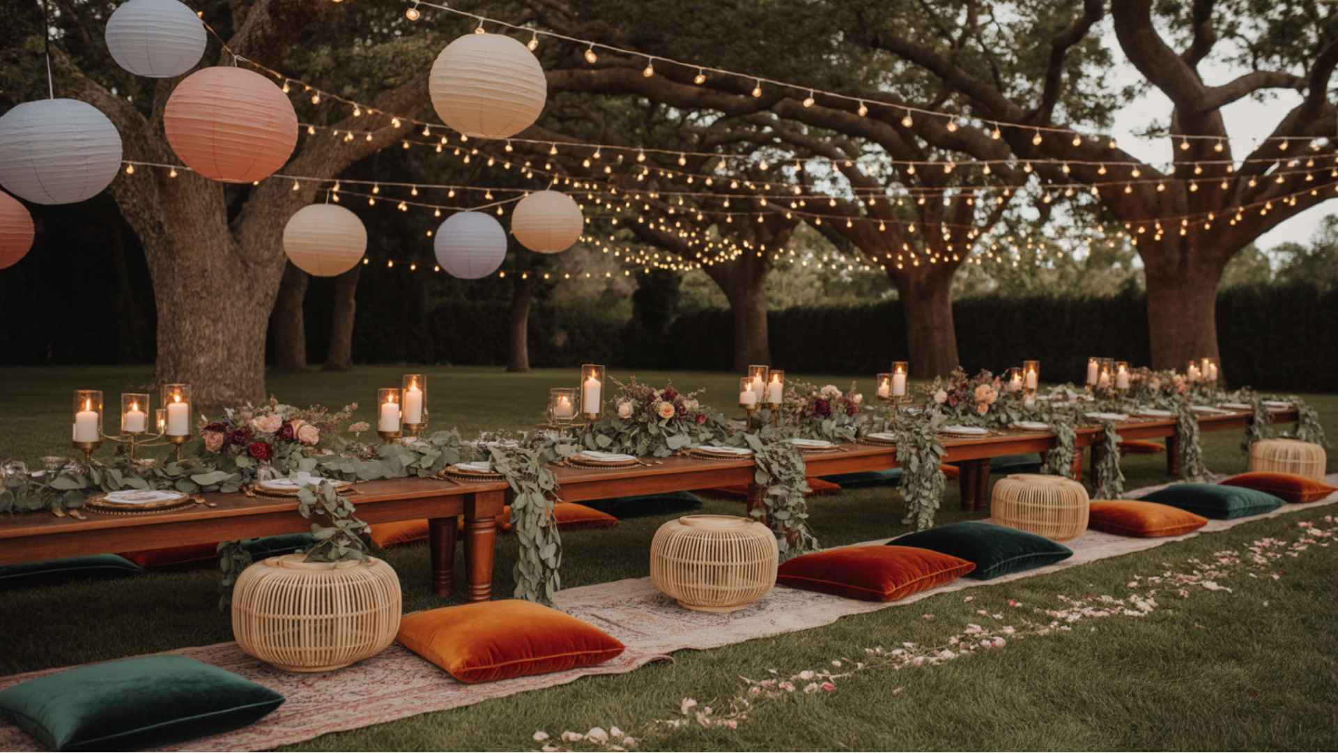 Outdoor festival wedding with lanterns, flower crowns, lounge cushions, fairy lights.