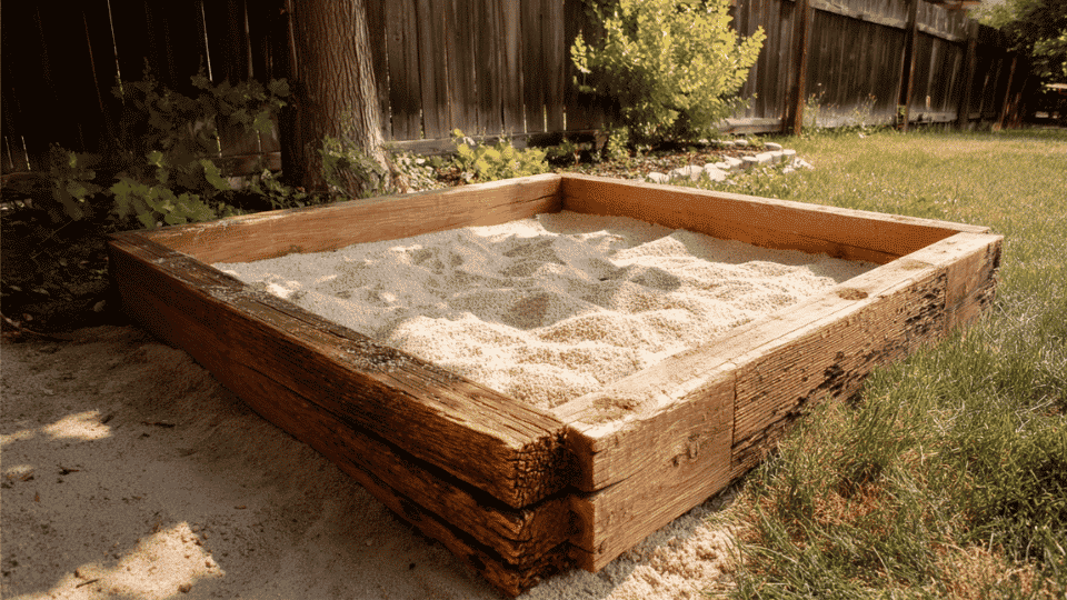 Finished wooden DIY sandbox filled with clean play sand and ready for use.