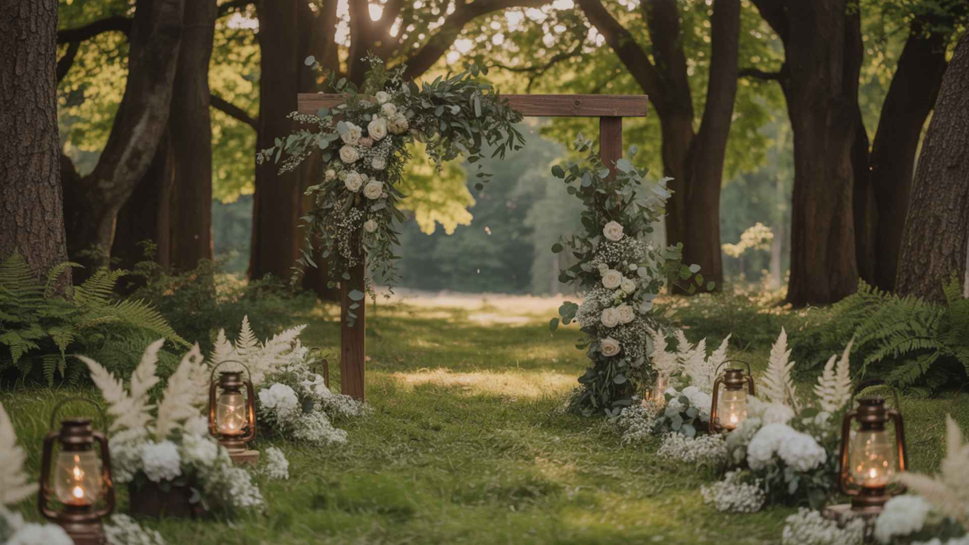 Woodland ceremony with trees, moss, ferns, lanterns, and earthy décor.