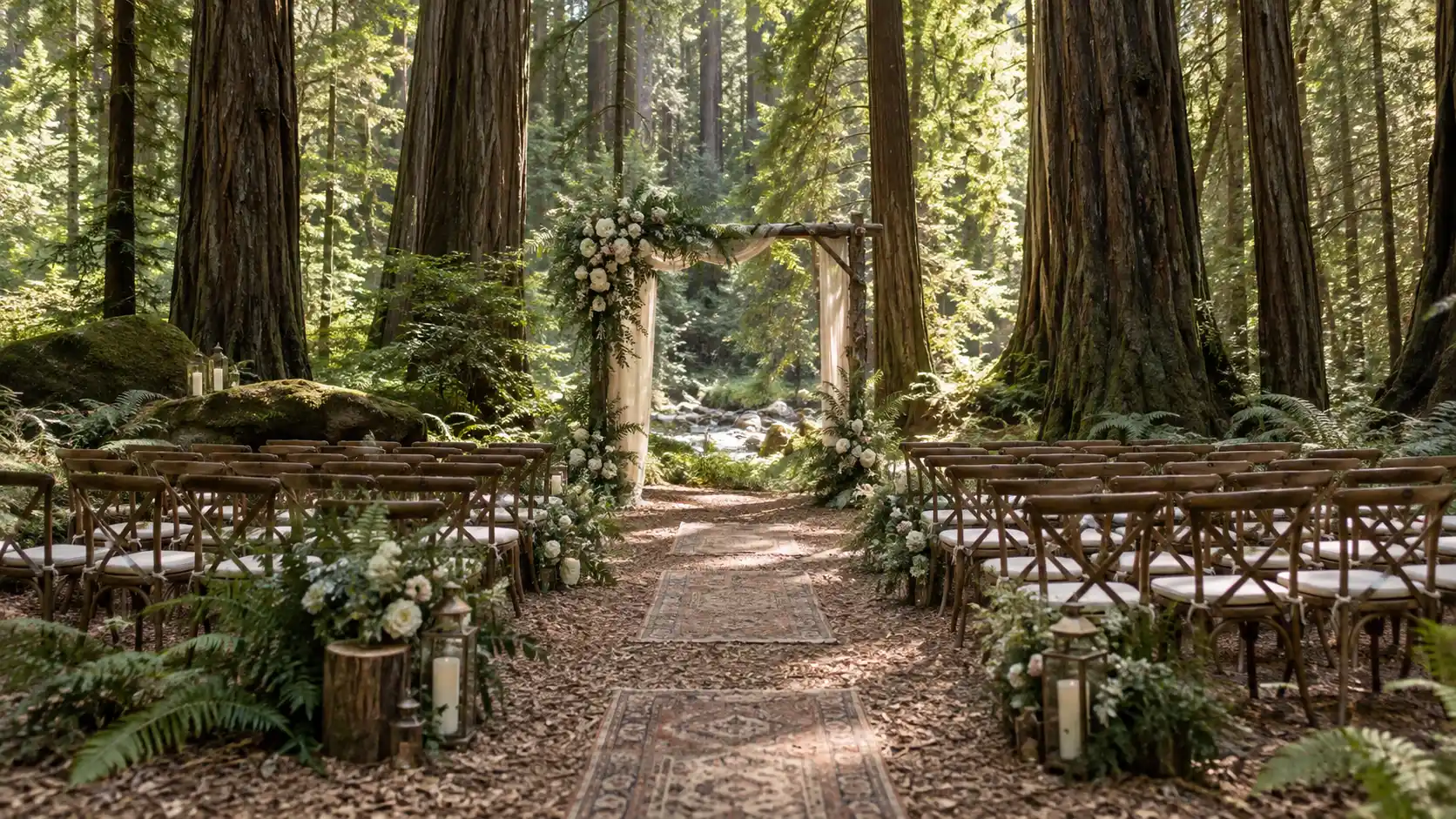 Intimate forest ceremony space surrounded by towering trees and soft natural light.