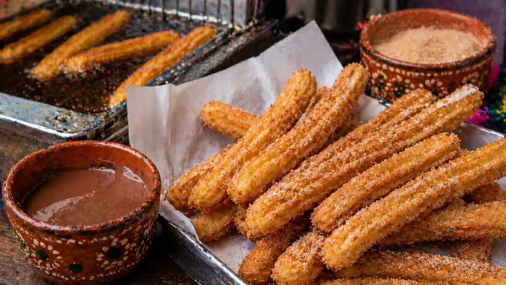 Freshly fried churros coated in cinnamon sugar with chocolate dipping sauce beside a bubbling fryer.