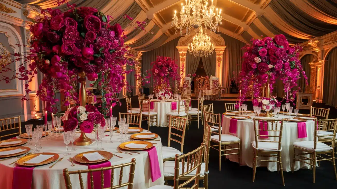 Glamorous evening wedding decorated with electric fuchsia details and warm metallic gold accents.