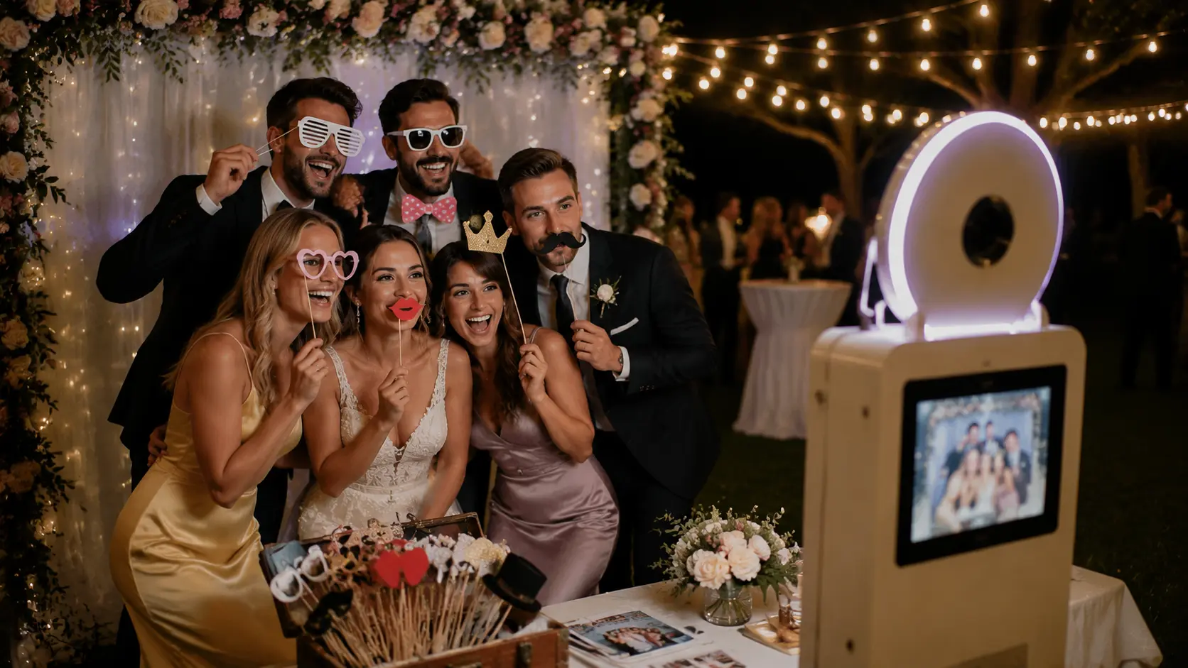Guests have fun posing with props at a lively wedding photo booth.