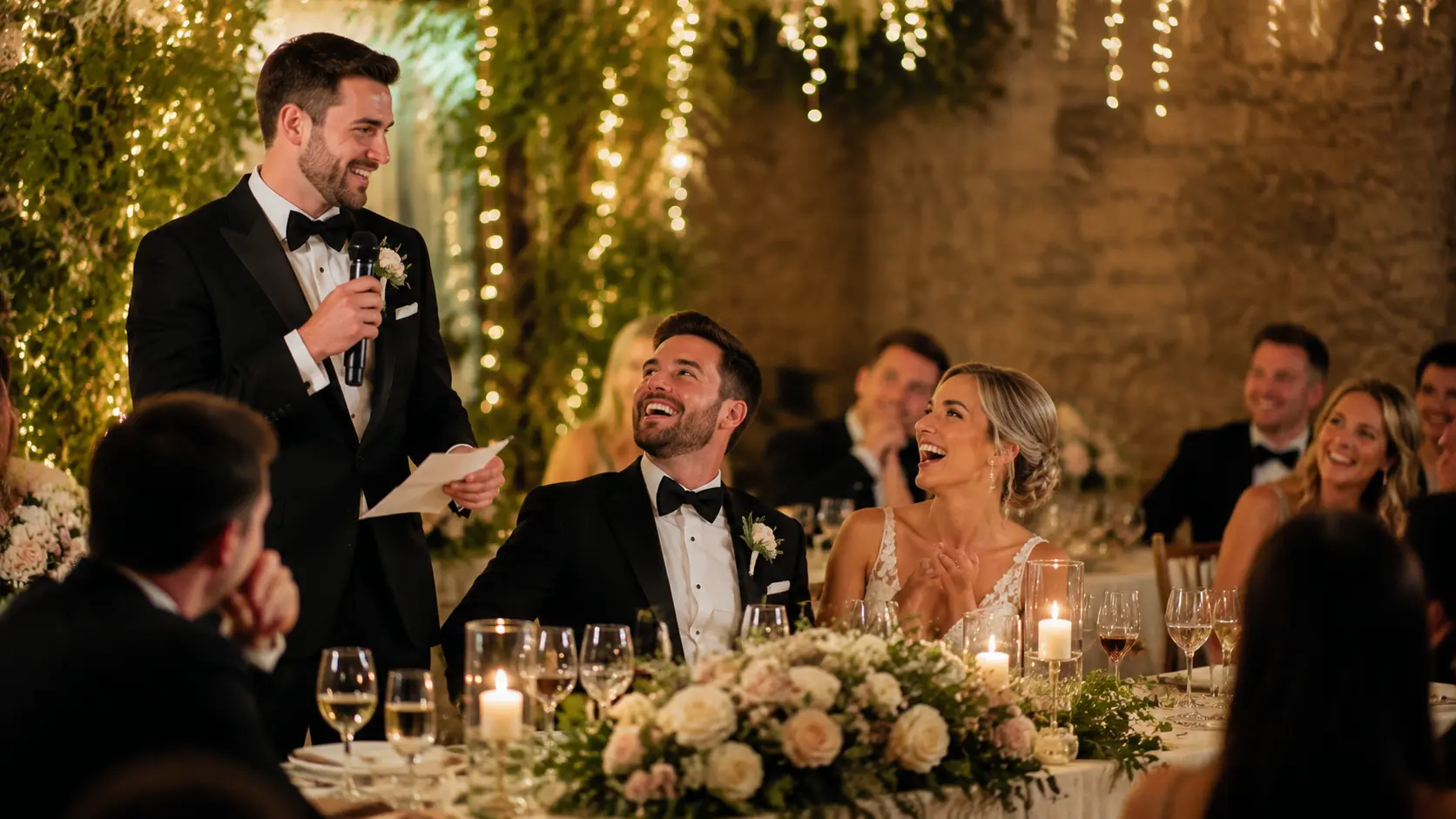 Funny wedding speech at a joyful reception as the newlyweds and guests laugh together.