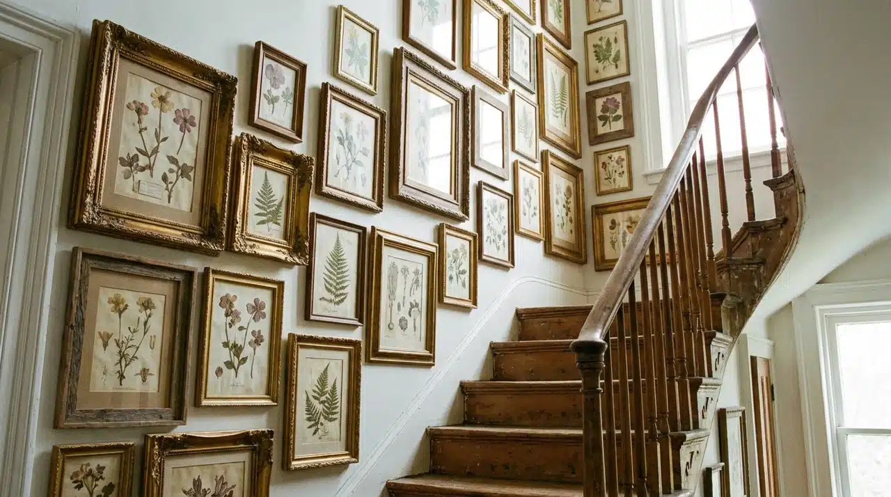 Farmhouse staircase gallery wall with vintage botanical prints, ornate frames, wooden banister, and bright natural light.
