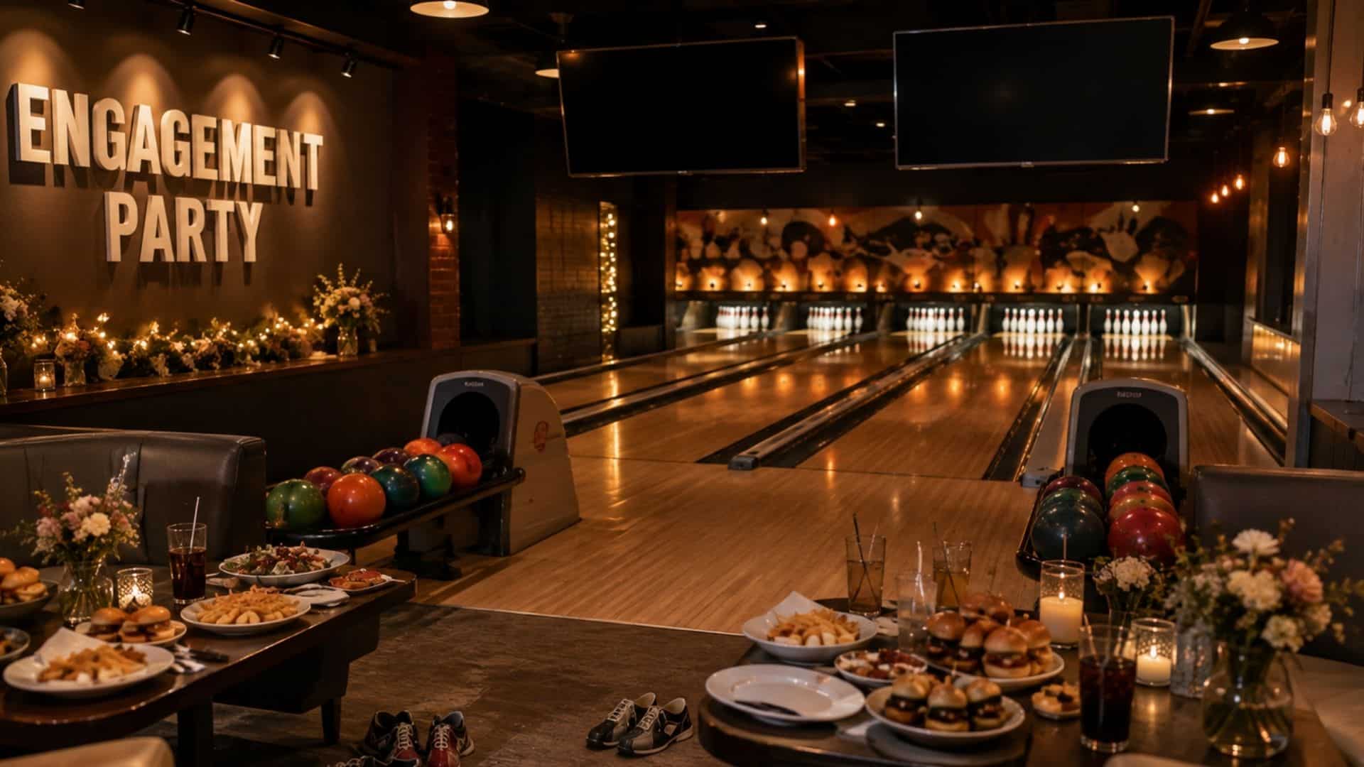 Bowling alley engagement party with polished lanes, colorful bowling balls, food tables, flowers, and party decor