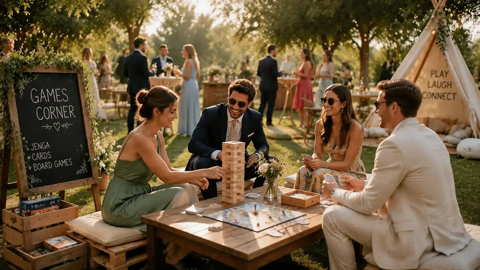Guests enjoy Jenga and board games in a lively outdoor wedding.