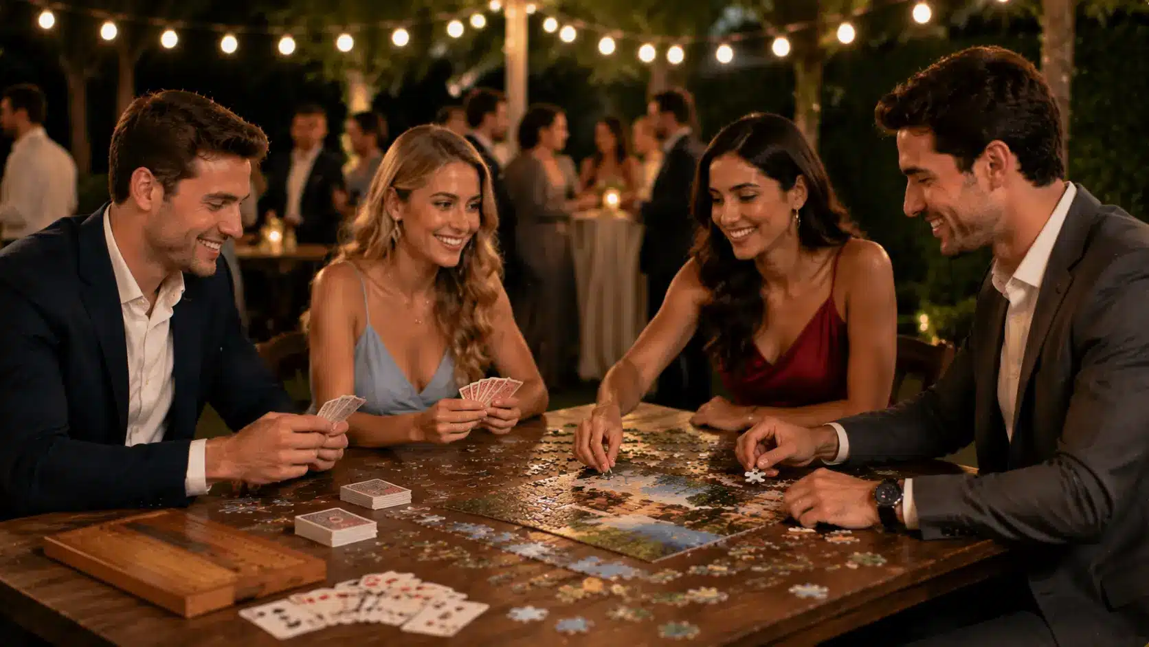 Guests enjoy cards, puzzles, and printed activities arranged across a DIY wedding game station.