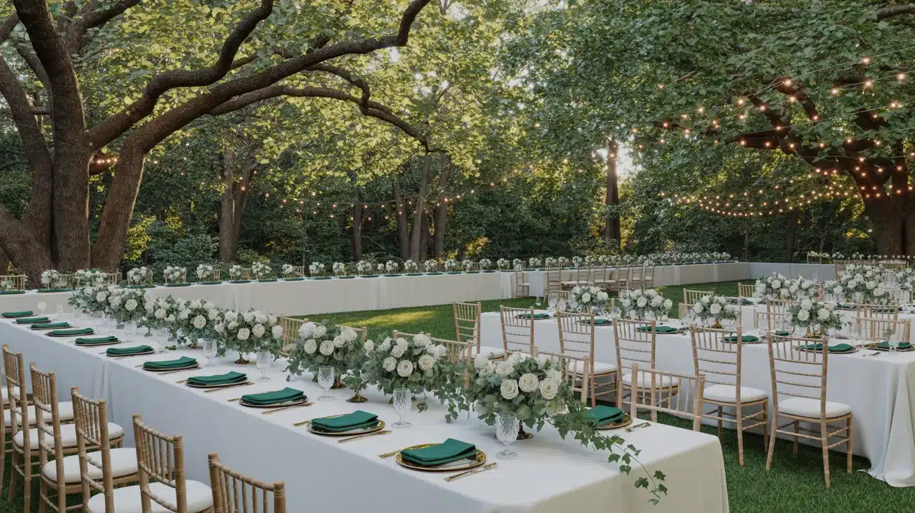 Elegant wedding decor pairing rich emerald green with crisp white for a timeless botanical-inspired setting.