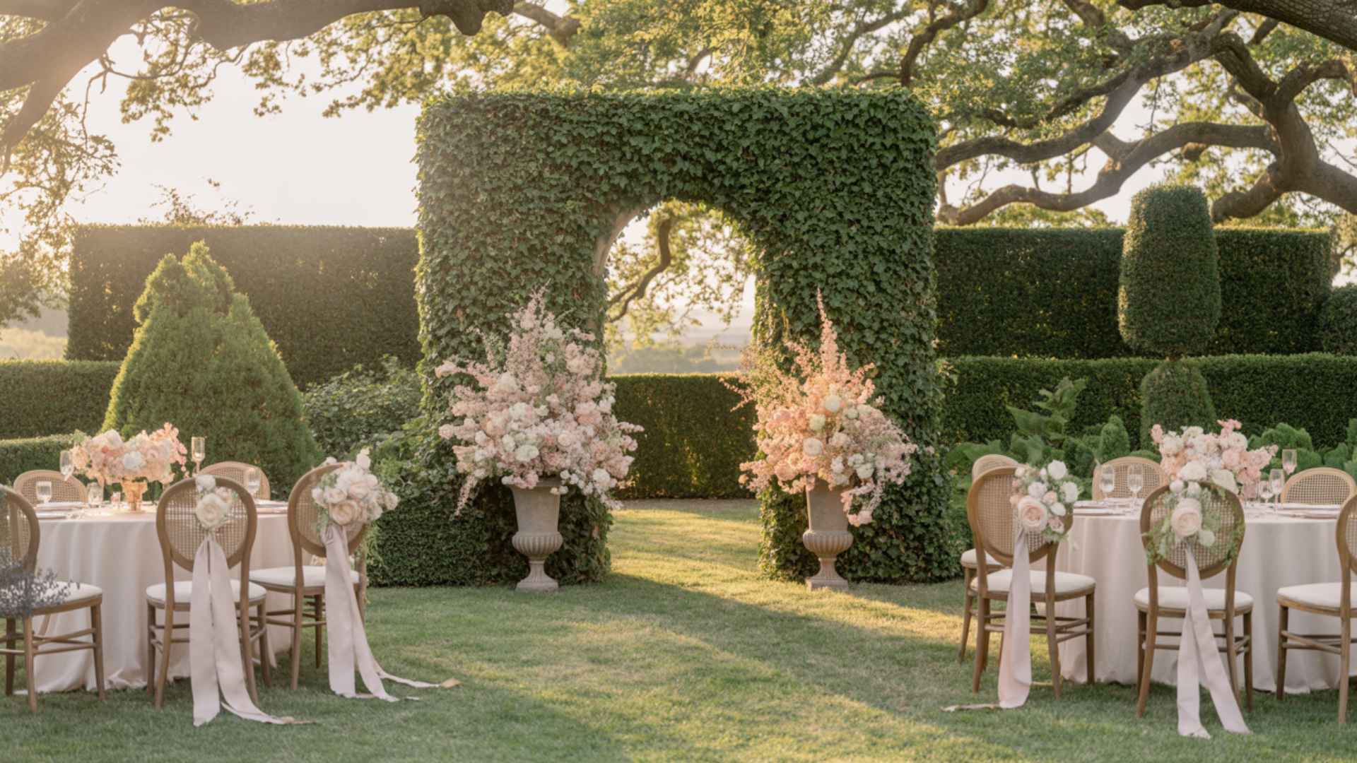 Outdoor garden with archways, floral abundance, pastel décor, and dining tables.