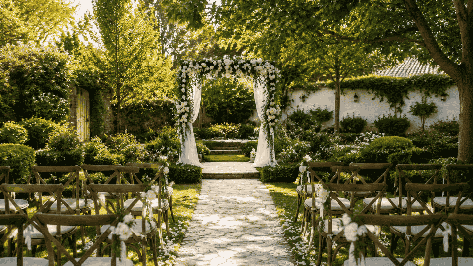 Intimate garden wedding setup with chairs, floral arch, aisle runner, and lanterns, no humans