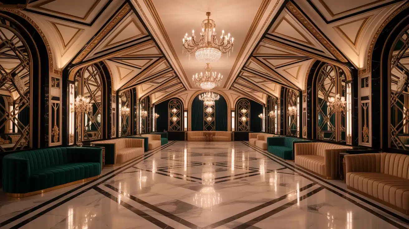 Glamorous Art Deco interior showcasing geometric details, ornate fixtures, and vintage elegance.