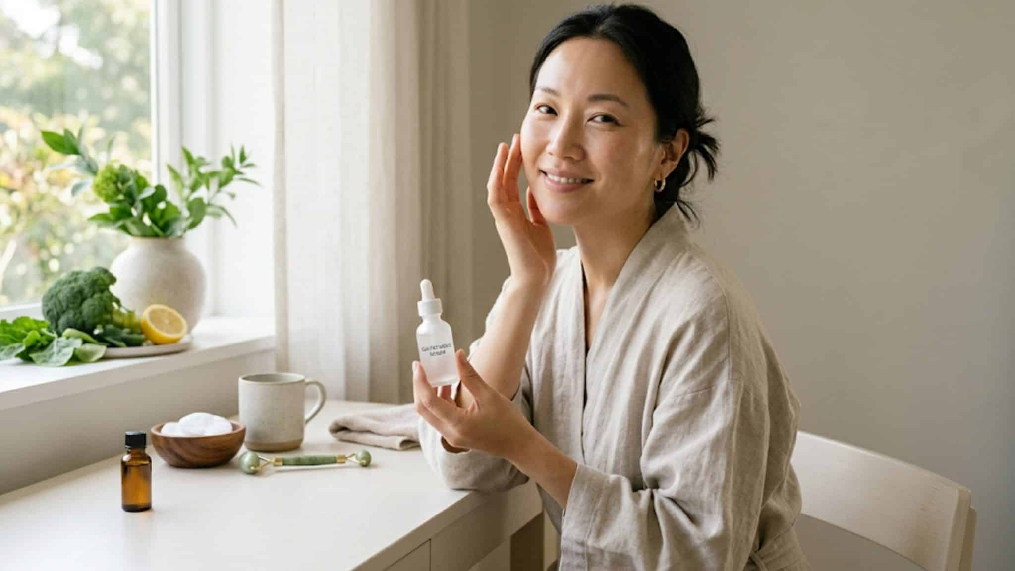 Woman holding a glutathione serum bottle and touching her cheek beside a bright window with skincare items on the table.
