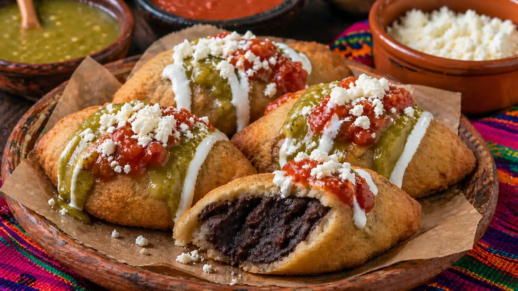 Golden crispy molotes filled with black beans and topped with salsa, crema, and crumbled cheese on a rustic plate