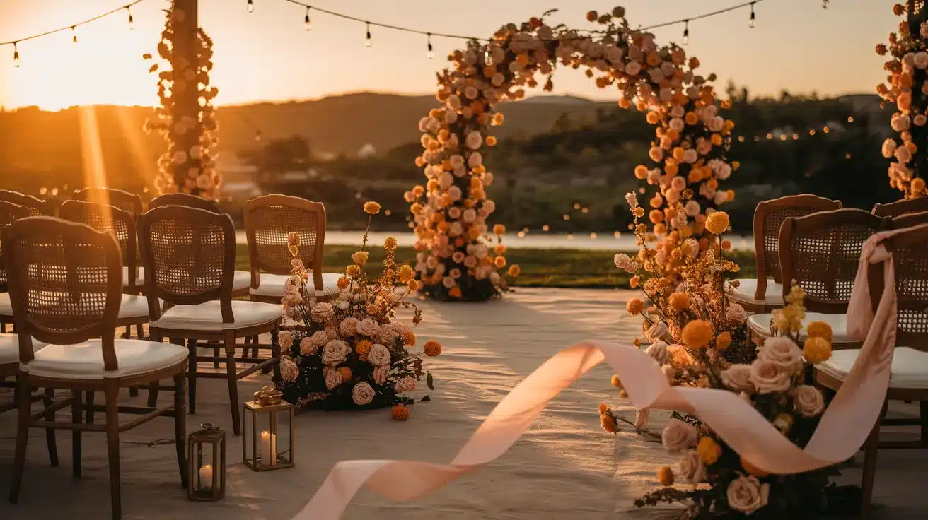 Outdoor wedding glowing with orange, soft pink, and gold tones against warm golden-hour light.