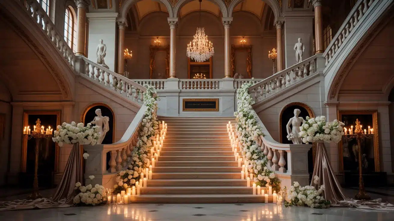 Grand museum interior with historic architecture and spacious halls prepared for a wedding.