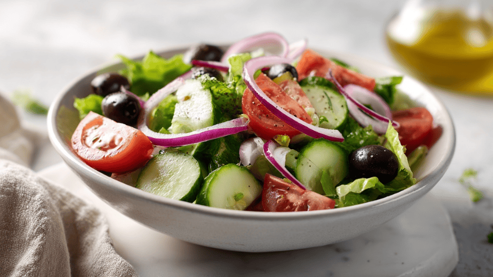 Greek vegan salad with lettuce, cucumber, tomatoes, and olives