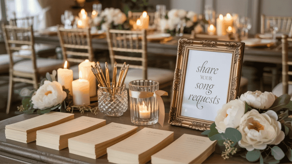 Small wedding song request station with cards,and flowers