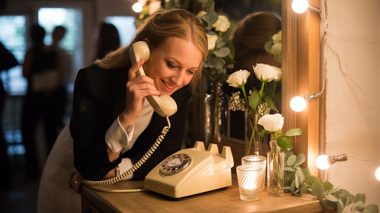 A guest records a voice message using a telephone-style audio guestbook at a wedding.
