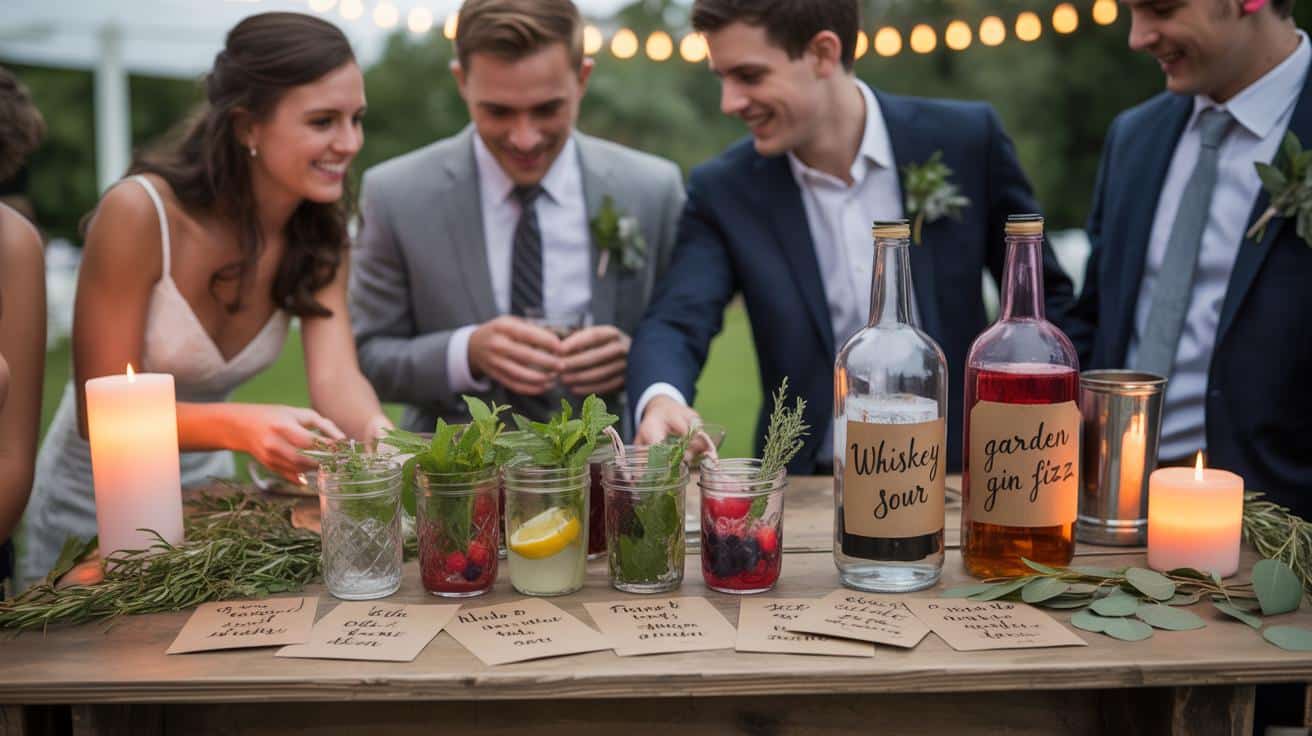 Guests mix colorful drinks with fresh fruit and recipe cards at a DIY wedding cocktail and mocktail bar.