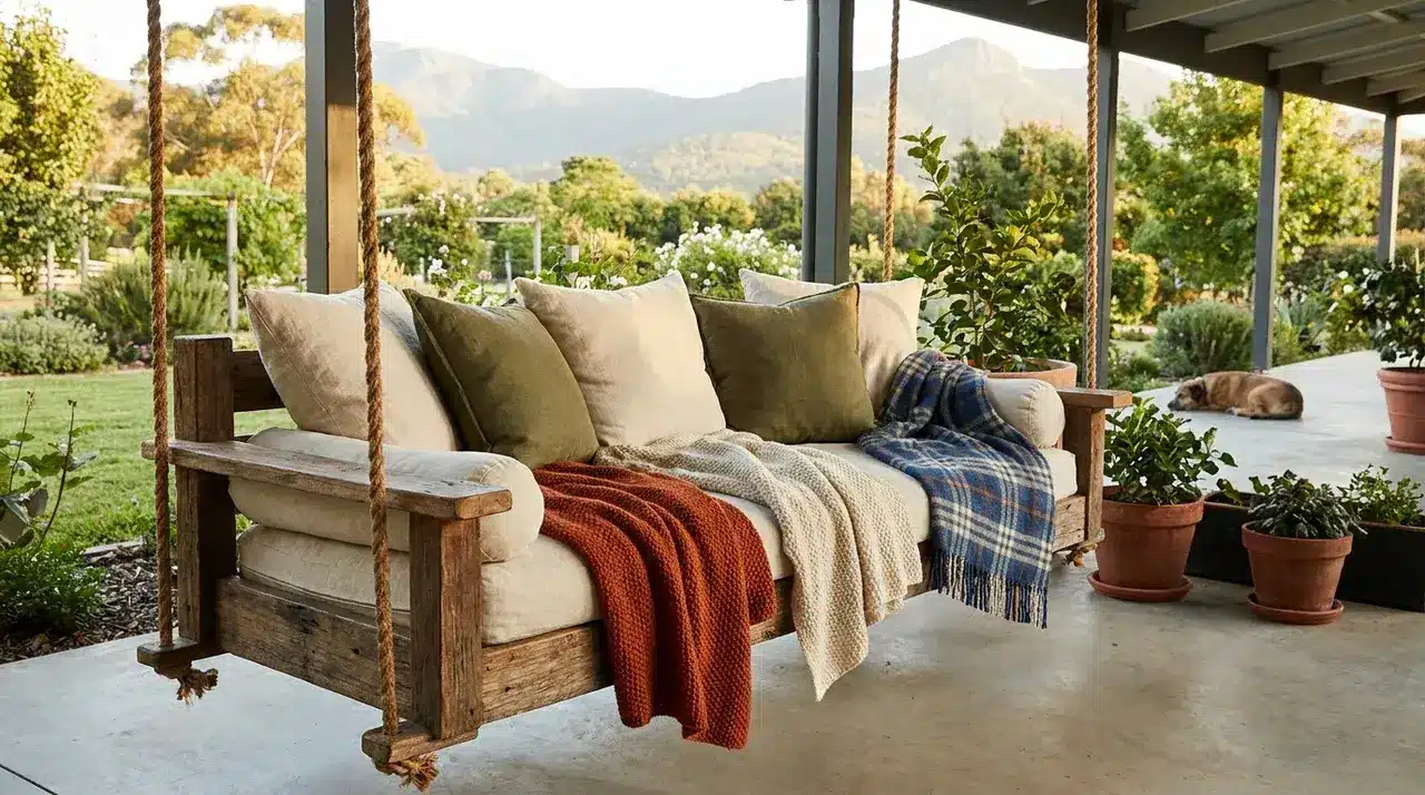 Farmhouse porch swing with plush cushions, cozy throw blankets, potted plants, and scenic countryside views.