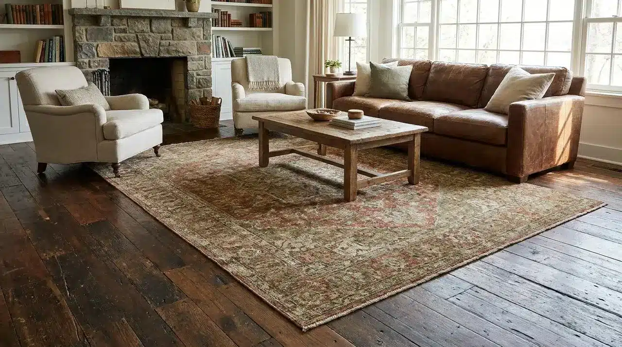 Farmhouse living room with reclaimed wood floors, stone fireplace, leather sofa, vintage rug, and rustic wood coffee table.