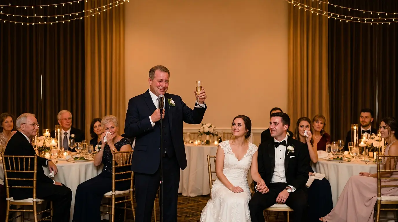 Man raises a champagne glass during an emotional wedding toast as the seated bride, groom, and guests look on.