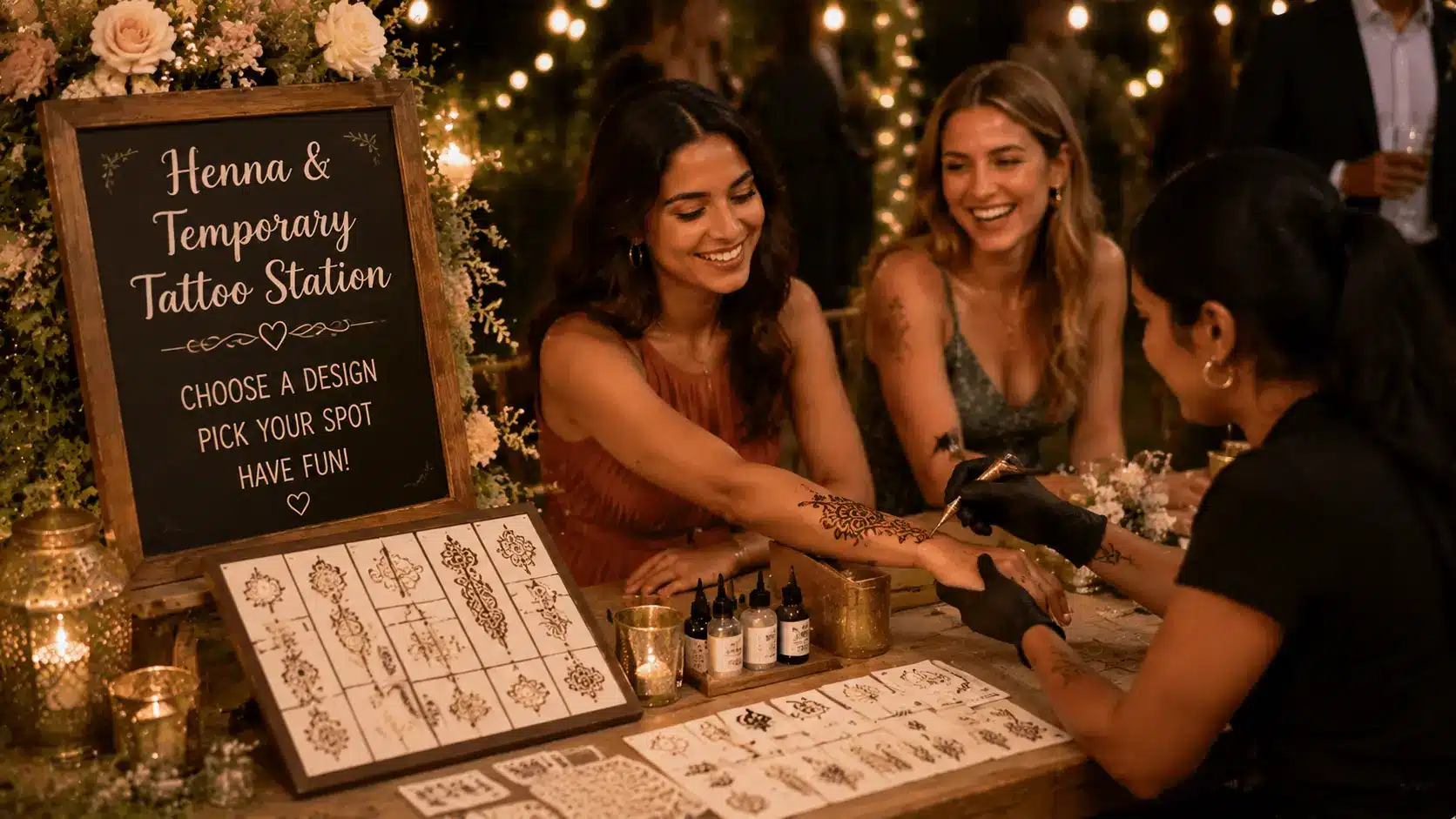 Guests enjoy a henna tattoo station at a cozy wedding reception.