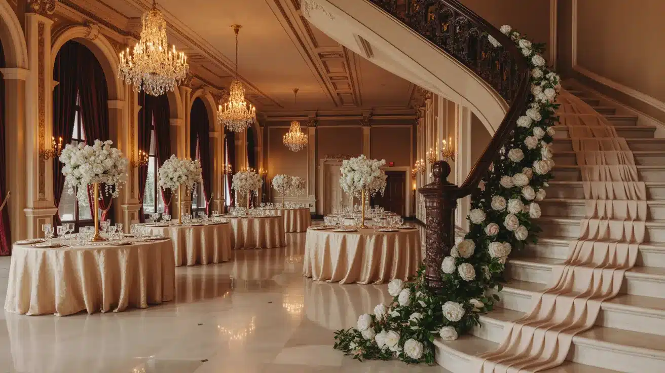 Heritage hotel interior featuring luxurious vintage details and an elegant event space.