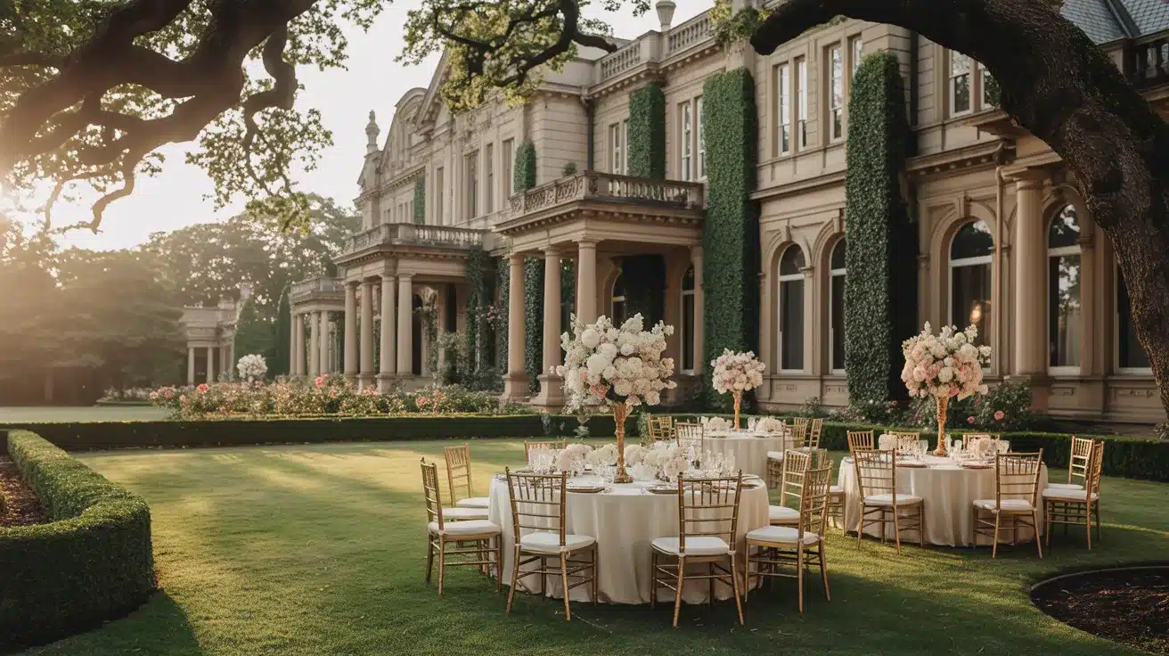 Historic mansion surrounded by elegant gardens arranged for a romantic wedding celebration.