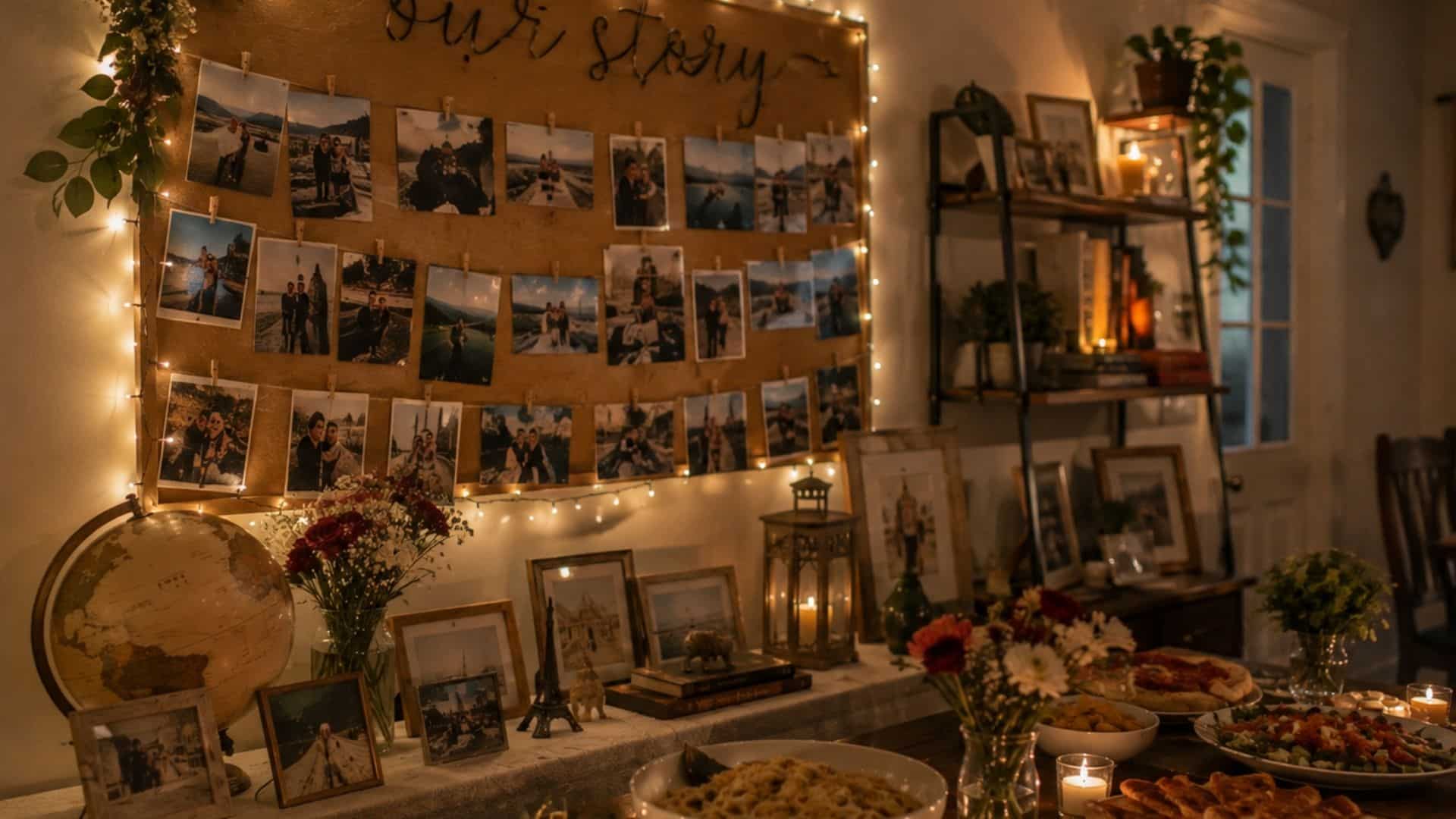 Engagement party with an Our Story photo wall, travel keepsakes, candles, flowers, and favorite comfort foods.