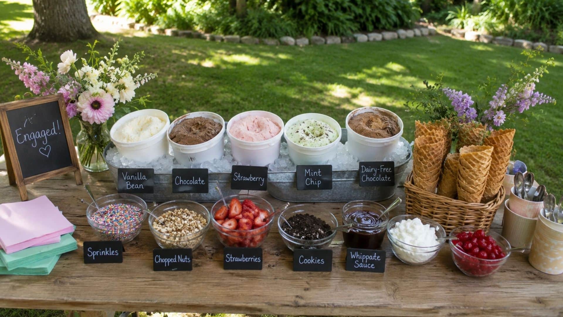 Backyard engagement ice cream bar with assorted flavors, waffle cones, toppings, flowers, and pastel napkins.