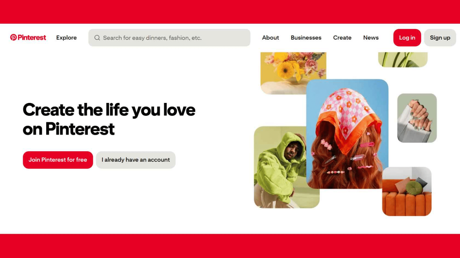 Pinterest homepage with colorful lifestyle and fashion images, log in and sign up buttons.