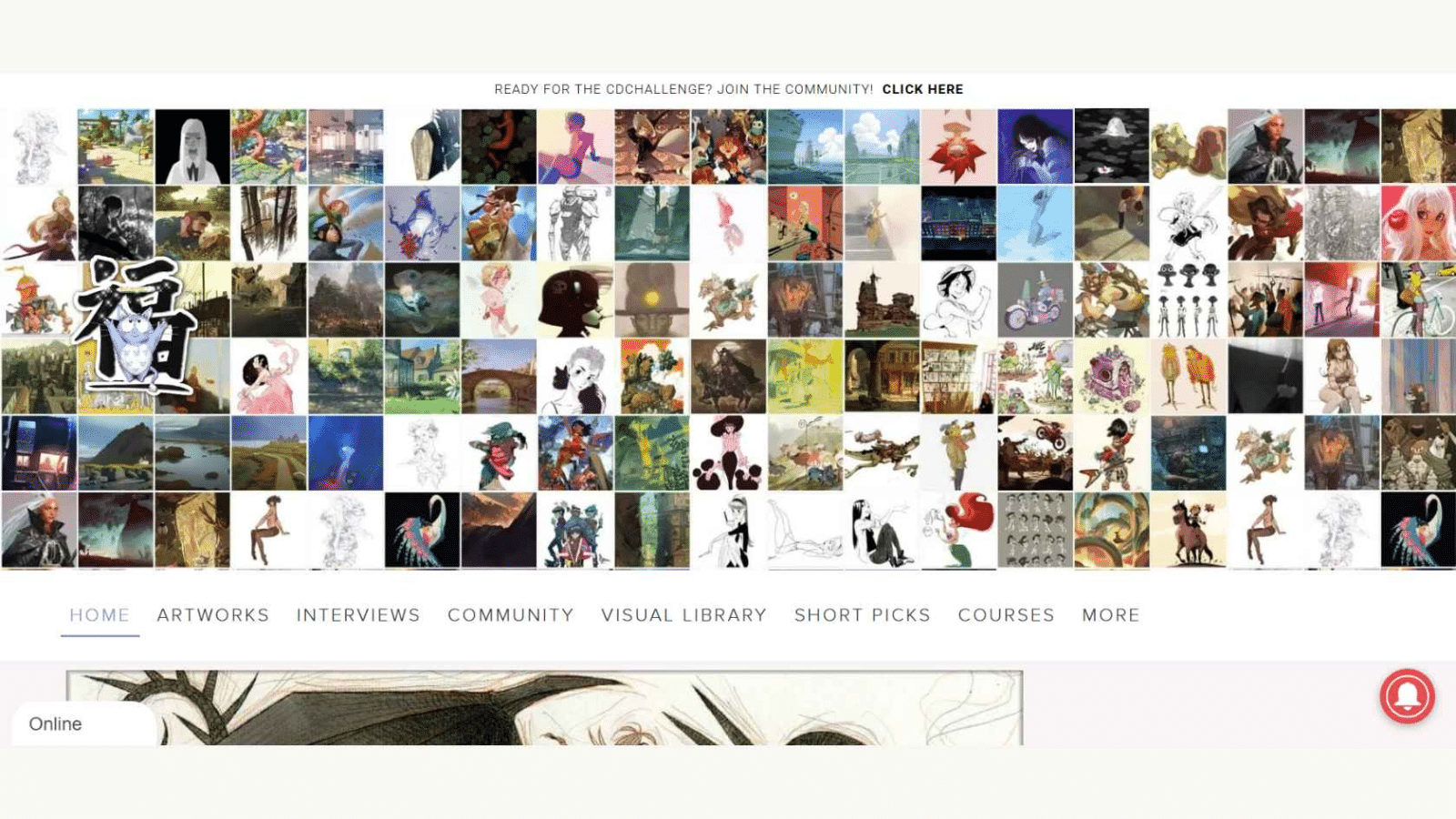 Character Design References homepage showing a grid of diverse digital character artworks, with navigation for artworks, interviews, and community features.