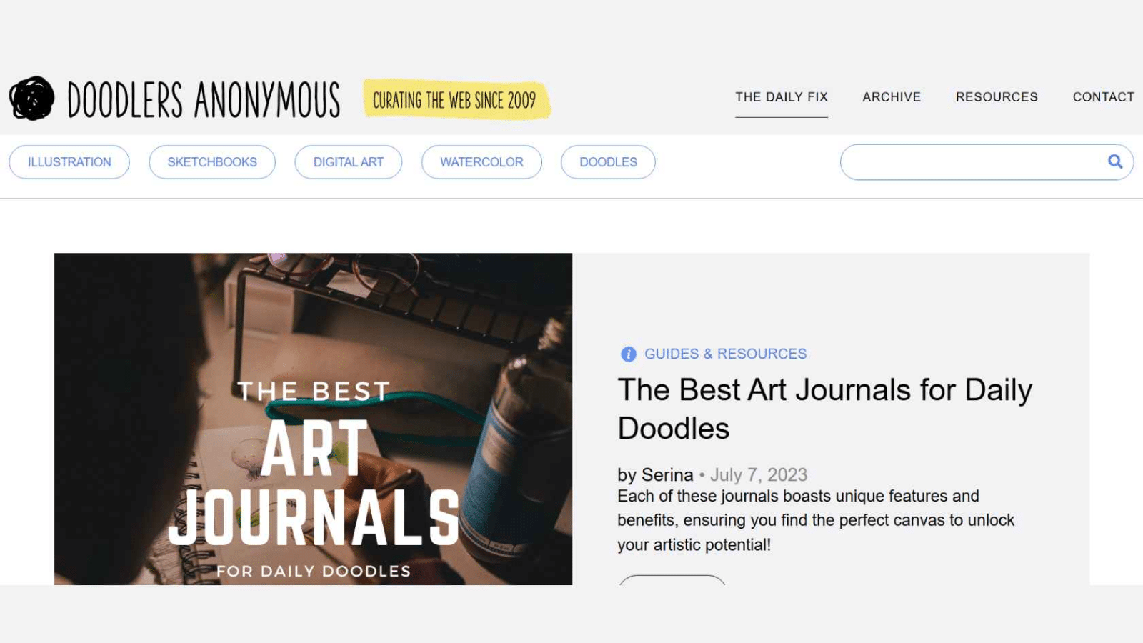 Doodlers Anonymous homepage showing an open art journal with pens and markers, highlighting daily doodle guides and navigation for illustration and digital art.