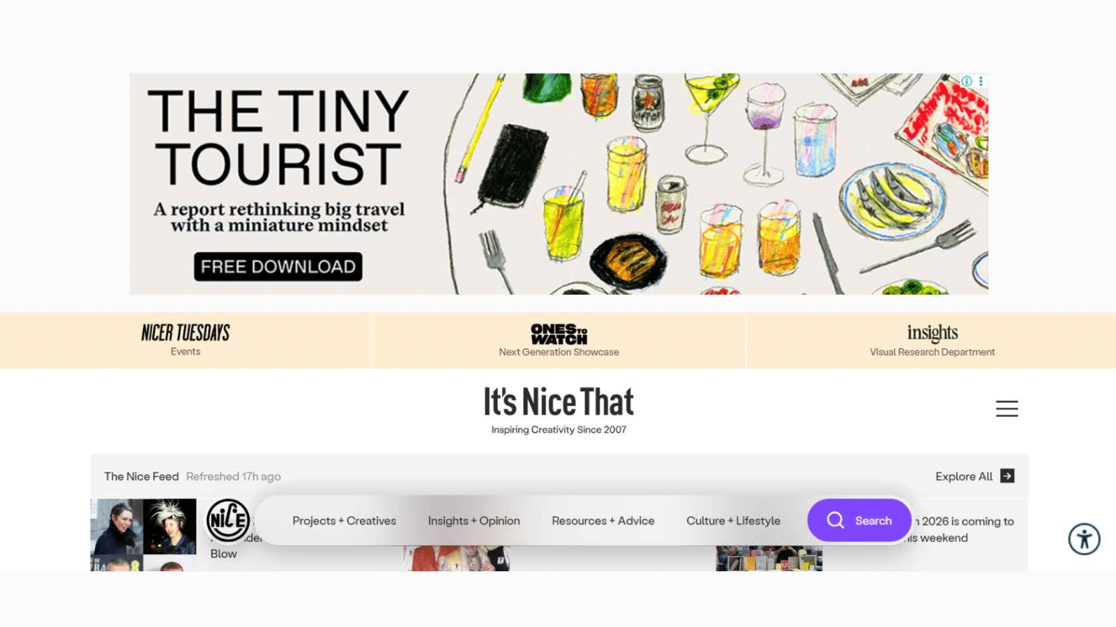 It's Nice That homepage showing a hand-drawn table illustration with drinks and food, promoting The Tiny Tourist report and site navigation for events and visual insights.