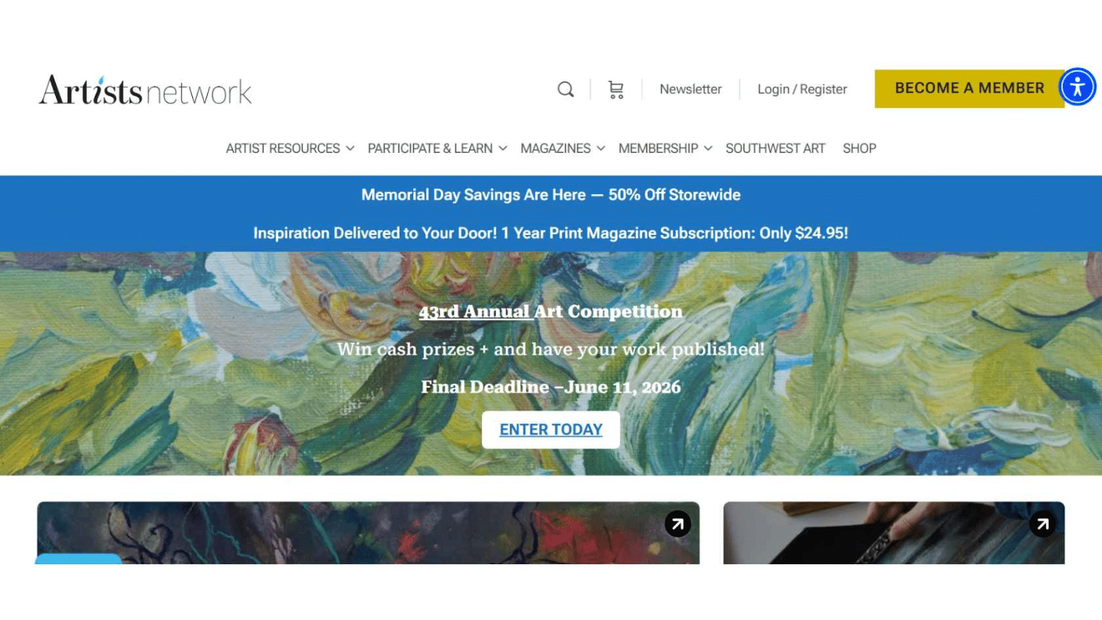 Artists Network homepage showing a textured floral oil painting banner, promoting the 43rd Annual Art Competition, with navigation for artist resources, membership, and magazines.