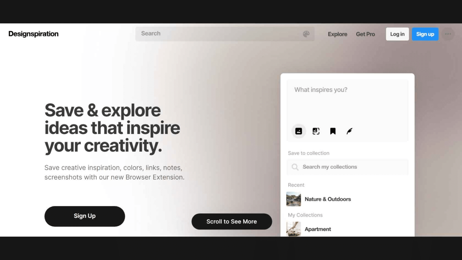 Designspiration homepage showing search bar and interface for saving and exploring creative ideas, with options to sign up or log in.