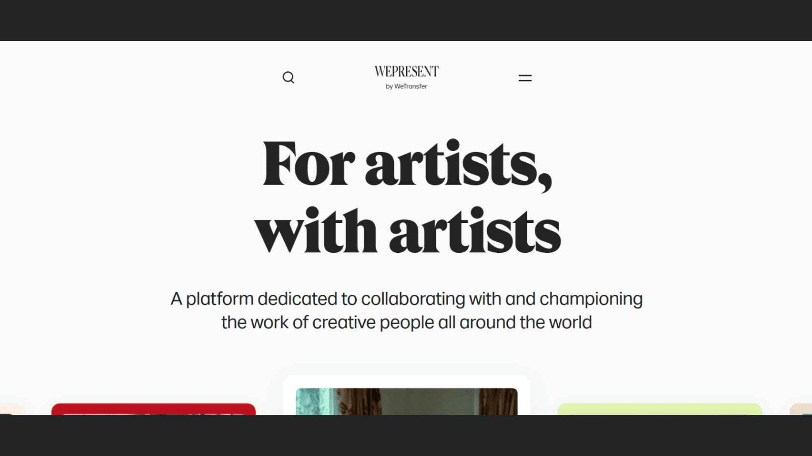 WePresent homepage showing bold text “For artists, with artists,” highlighting platform collaboration for creative work worldwide, minimal interface.