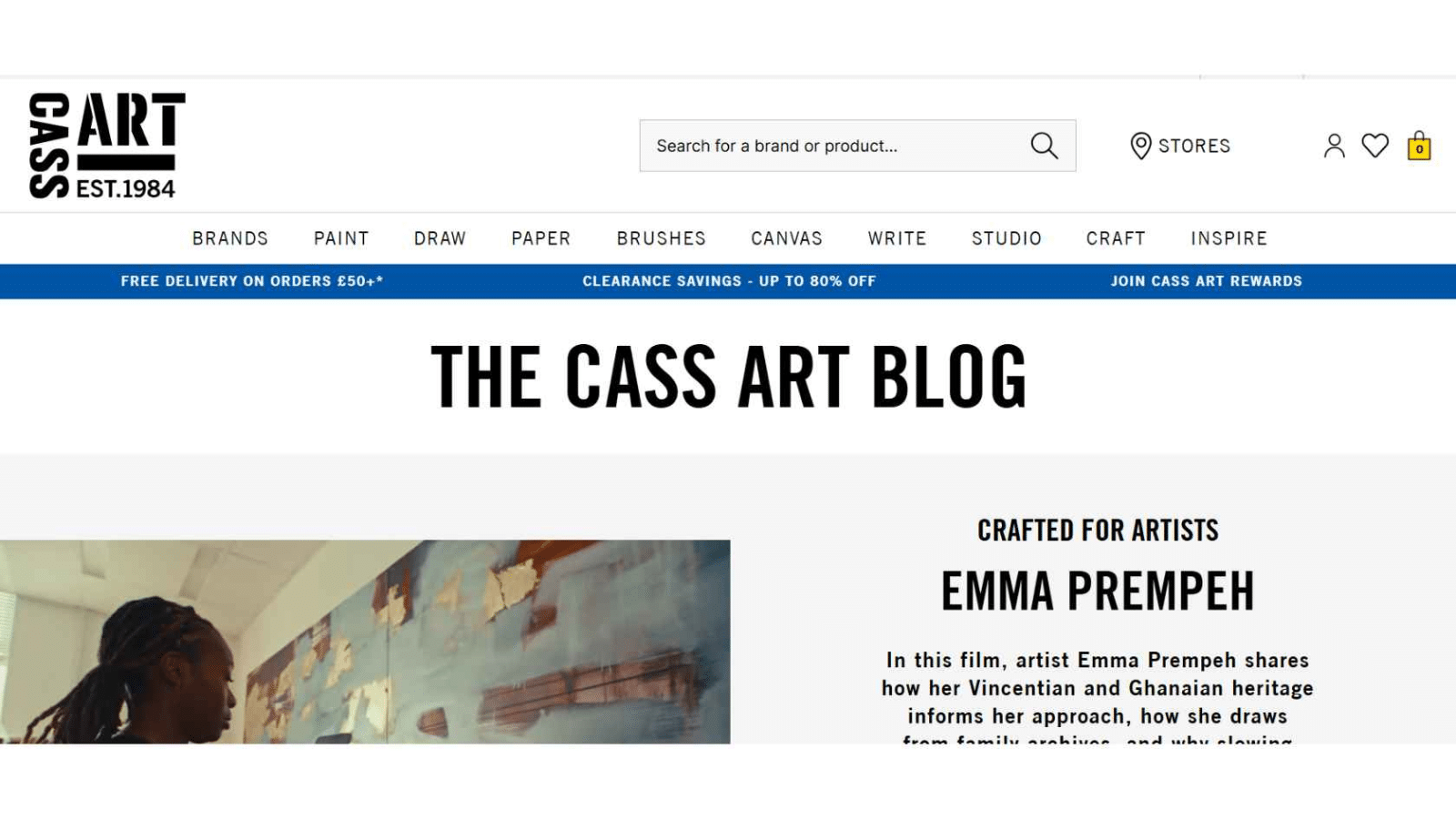 Cass Art Blog homepage showing artist Emma Prempeh working on a large abstract painting, with site navigation for paint, brushes, and paper.