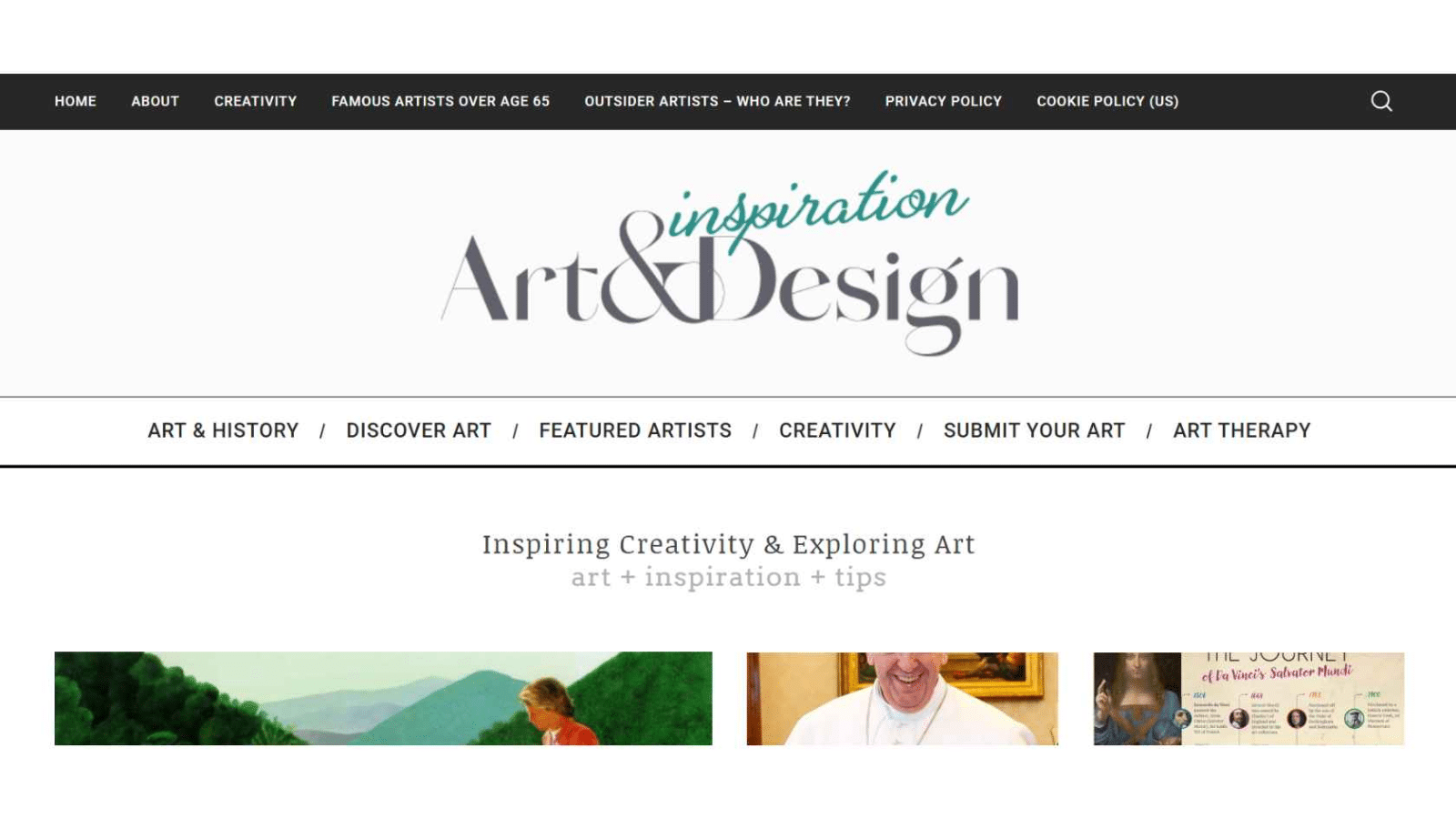 Art & Design Inspiration homepage showing navigation menu and featured artworks, highlighting creativity, art history, and artist tips.